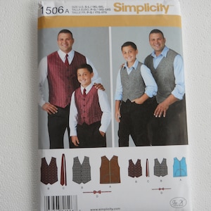 May include: Simplicity sewing pattern number 1506A for vests and ties. The pattern includes instructions for making vests in various colors and patterns, including a burgundy vest with a white pattern, a gray vest with a white pattern, and a brown vest with a brown pattern. The pattern also includes instructions for making ties in various colors, including a burgundy tie, a gray tie, and a blue tie.