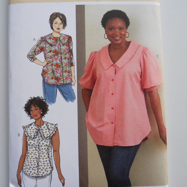 Button Down Blouse Butterick B6896 W2 (20W-28W) or W3 (30W-38W) New Sewing Pattern, Plus, Extended Size Top, Darts, Wide Collar, Modest