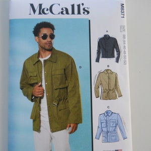 May include: A sewing pattern for a men's jacket with multiple view options. The pattern includes instructions for making a blue, tan, and green jacket. The pattern is designed and printed in the USA. McCall's M8371 Size BB (44-46-48-50-52)
