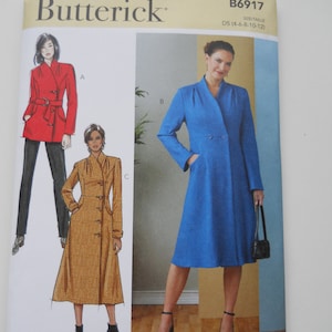 May include: A sewing pattern for a long coat with a collar and pockets. The pattern is for sizes 4-6-8-10-12 and is from Butterick pattern number B6917.