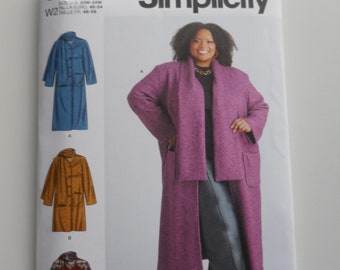 Lined Coat, Attached Scarf Simplicity S9686 W2 (20W-28W) or W3 (30W-38W) New Sewing Pattern, Boiled Wool, Fleece Outerwear, Long Jacket