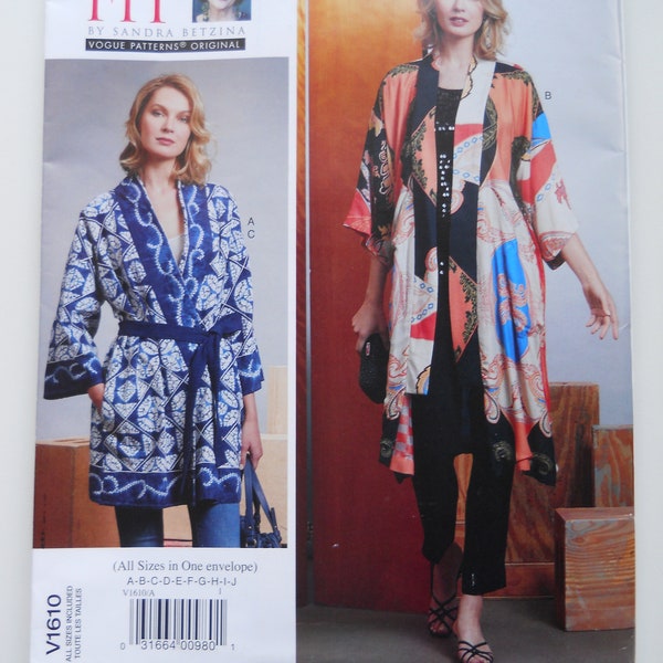 Sandra Betzina Kimono Jacket Vogue V1610 (32" to 55" Bust) New Plus Sewing Pattern: Today's Fit Loose Fitting Asian Style Jacket with Belt