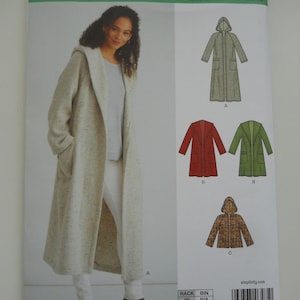 May include: A sewing pattern for a hooded long coat with a zipper closure. The pattern includes three different variations: a long coat with a hood, a shorter coat with a hood, and a shorter coat with a hood and a different fabric pattern. The pattern is for sizes XS-XL and includes instructions for making the coat.