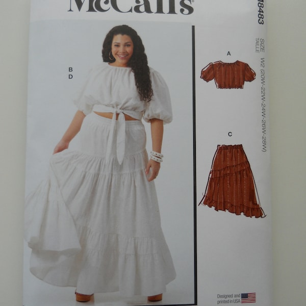 2024 Easy Crop Peasant Top & Tiered Skirt McCall's M8483 W2 (20W-28W) or W3 (30W-38W) New Sewing Pattern, Asymmetric Hem, Puff Sleeve, Plus