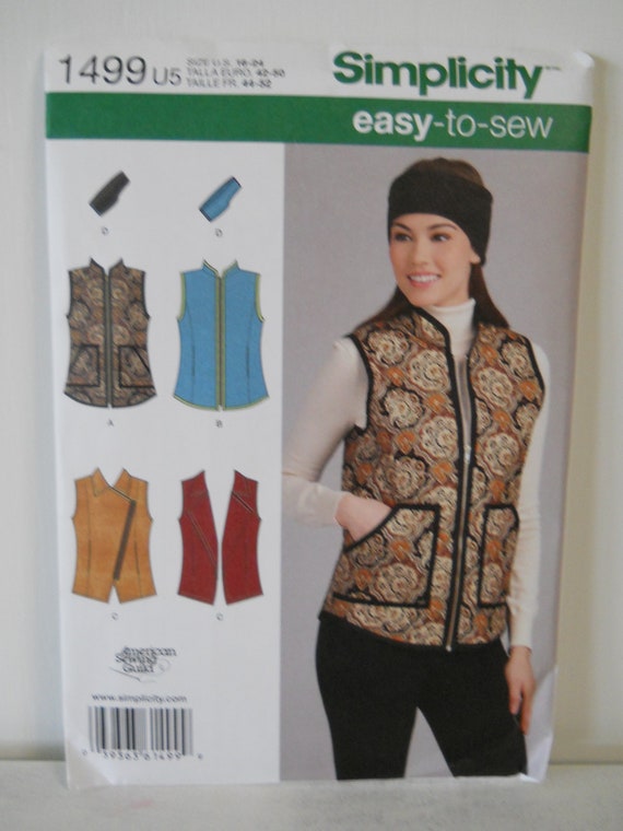 Easy Cozy Zip or Open Vest Simplicity 1499 H5 (6,8,10,12,14) OR U5