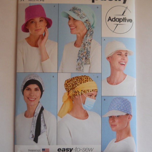 Head Coverings Simplicity S9491 A Adaptive Sewing Pattern for Baseball Cap, Scarf with Brim, Head Scarf, Bucket Hat for Hair Loss, Chemo