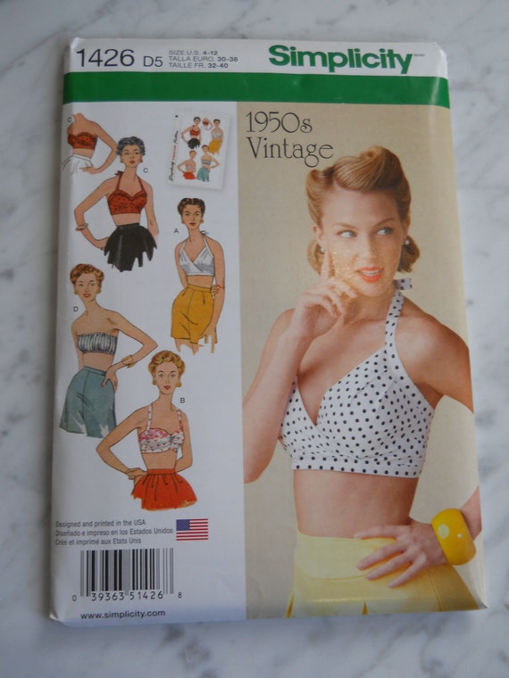 Re-print of 1950's Swim Top Simplicity 1426 D5 4-12 or R5 14-22 Sewing  Pattern Teens, Misses Bra Top, Sun Midriff Top in Old Hollywood 