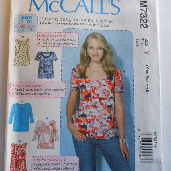 Learn to Sew for Fun McCall's M7322 Y (Xsm-Sml-Med) or Plus ZZ (Lrg-Xlg-Xxl) Sewing Pattern for Scoop, Boat Neck Semi-Fitted Blouse