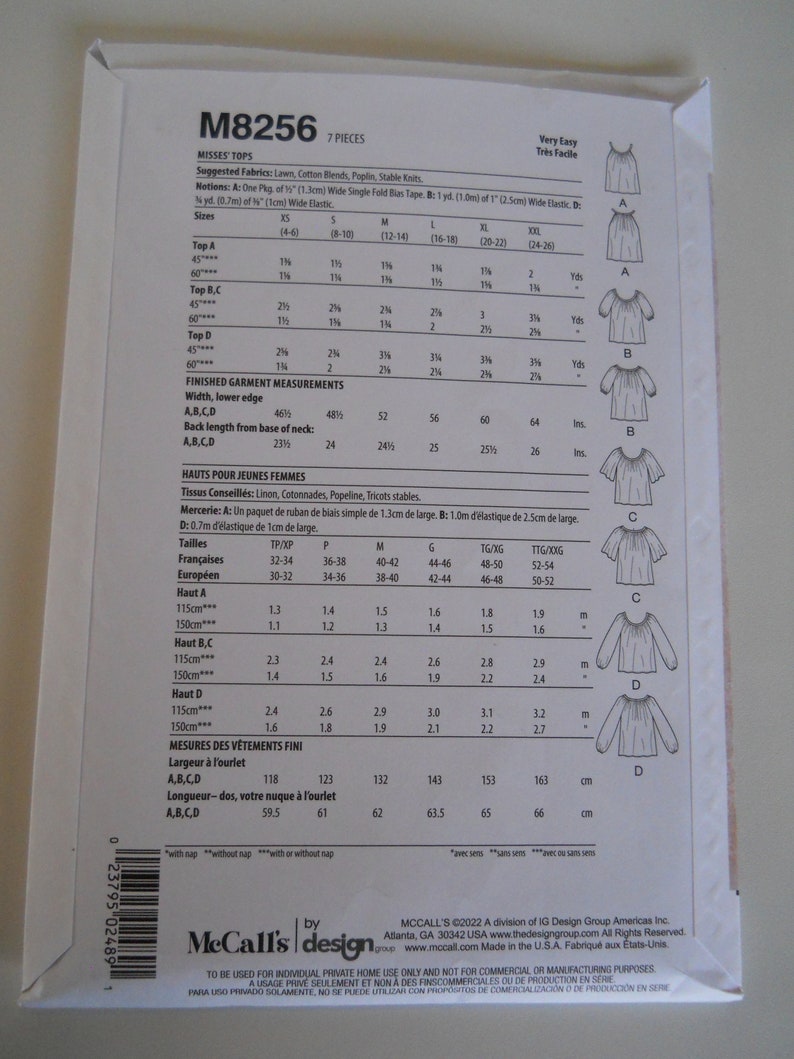 May include: Sewing pattern for Misses' Tops, sizes 4-6 to 24-26. The pattern includes instructions for making seven different tops, with variations in sleeve length, neckline, and fabric requirements. The pattern is labeled "Very Easy" and includes a chart with measurements for each size.