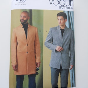 May include: Vogue Patterns sewing pattern for a men's coat. The pattern is for sizes 34-36-38-40. The pattern shows two different styles of coats, one in a light brown color and the other in a gray and white patterned fabric.