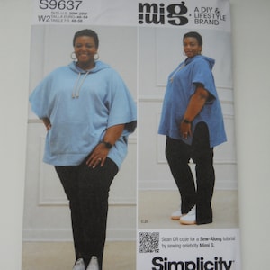 May include: A sewing pattern for a hooded top and pants. The pattern is for sizes 20W-28W and is from the Simplicity brand. The pattern is called "mig" and is a DIY & Lifestyle brand. The pattern is easy to sew and is designed and printed in the USA.
