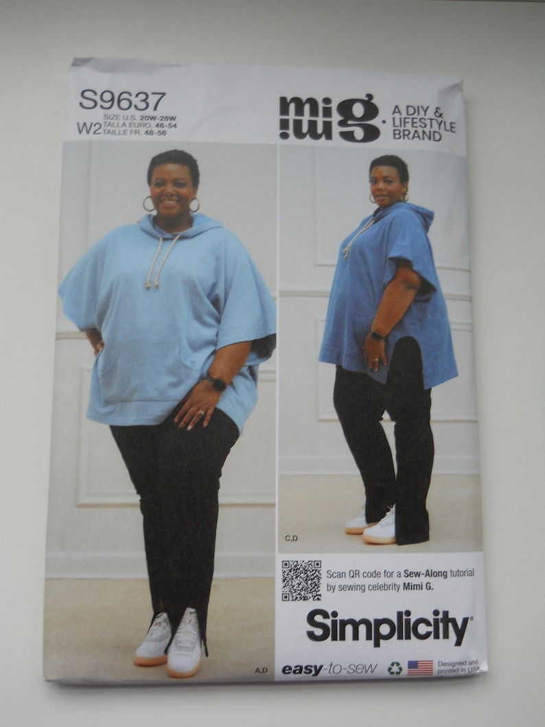 May include: A sewing pattern for a hooded top and pants. The pattern is for sizes 20W-28W and is from the Simplicity brand. The pattern is called "mig" and is a DIY & Lifestyle brand. The pattern is easy to sew and is designed and printed in the USA.