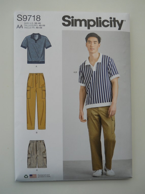 Men's Banded Bottom Knit Shirt, Cargo Pants & Shorts Simplicity S9718 AA  38-46 or BB 48-56 New Sewing Pattern, Pullover Short Sleeve 