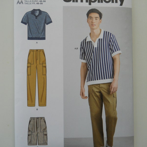 Men's Banded Bottom Knit Shirt, Cargo Pants & Shorts Simplicity S9718 AA (38-46) or BB (48-56) New Sewing Pattern, Pullover Short Sleeve