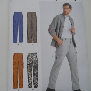 May include: Simplicity sewing pattern S9693 featuring cargo pants in various colors and patterns. The pattern includes blue, brown plaid, orange, and camouflage designs. A man is shown wearing a gray outfit, showcasing the cargo pants style.