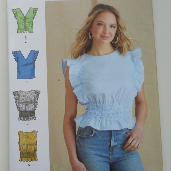 Easy V Neck Top, Drawstring Gathers; Smocking Simplicity S9605 H5 (6-14) or U5 (16-24) New Sewing Pattern, Plus, Back Keyhole Opening