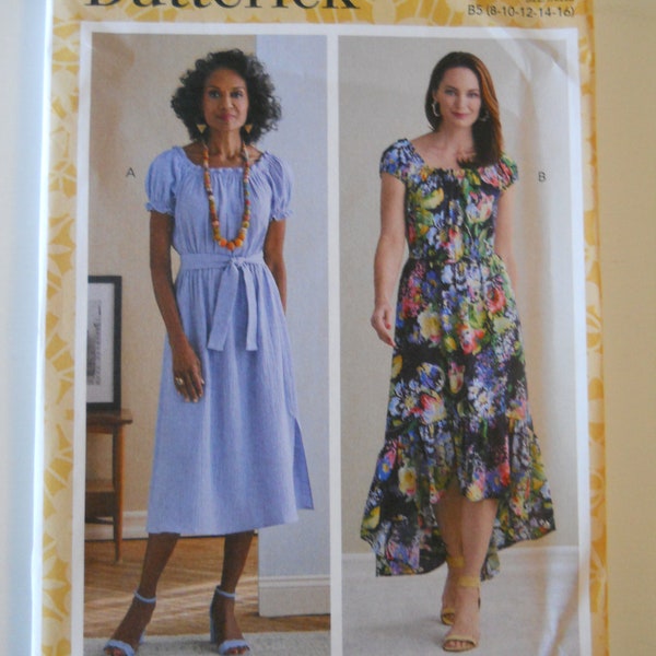 The Perfect Peasant Dress Butterick B6757 B5 (8-16) OR Plus F5 (16-24) Sewing Pattern Short Sleeve Elastic Neckline, High-Low Hemline