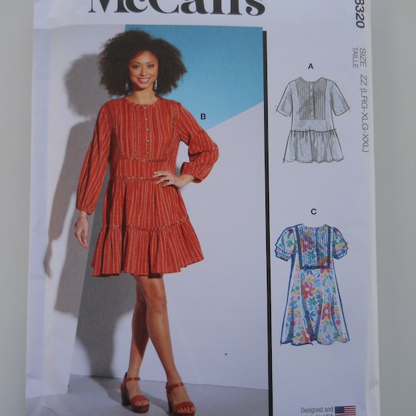 Pintuck Button Front Bohemian Tunic, Dress McCall's M8320 Y(XS-M) or ZZ (L-XXL) New Sewing Pattern, Peasant Dress with Trim, Tiers, Puff