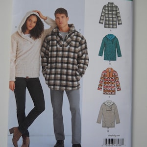 May include: A sewing pattern for a hooded pullover with a plaid design. The pattern is for sizes XS-XL and includes instructions for making a hooded pullover with a plaid design, a hooded pullover with a solid color, and a hooded pullover with a patterned design.