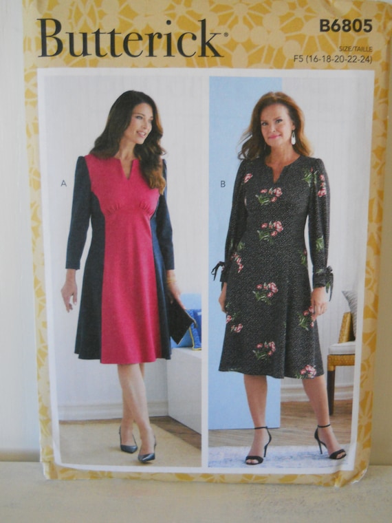 Easy Empire Waist Dress Butterick B6805 A5 (6-14) New Sewing Pattern,  Gathered Bodice, A Line, Below the Knee, Long Sleeve, Modest Dress
