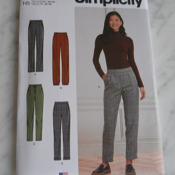 Modern Elastic Waist Pant Simplicity S9376 H5 (6-14) OR Plus U5 (16-24) Sewing Pattern for Single Pleat Stitched Crease Slacks Optional Cuff