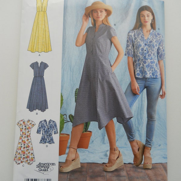 Collarless Dress & Peplum Tunic Top Simplicity 8384 U5 (16-24) New Sewing Pattern, Button Placket, Handkerchief Hemline, Ankle Length Dress