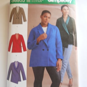 May include: Simplicity sewing pattern featuring blazer designs. The pattern cover shows a woman in a blue blazer and illustrations of blazers in brown, red, and purple. The pattern includes the text "S8955" and "American Designer Guild."