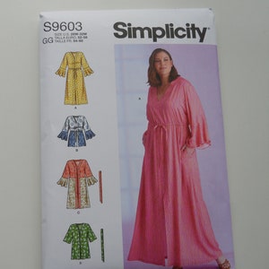 May include: Simplicity sewing pattern number S9603 for a long, loose-fitting robe with a V-neck and long sleeves. The pattern includes four variations: a yellow robe with a tie belt, a multi-colored robe with a tie belt, a green robe with a tie belt, and a pink robe with a tie belt. The pattern is for sizes US 26W-32W, Euro 52-58, and French 54-60.