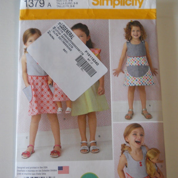 Big Pockets For Little Girls & Doll Dress Simplicity 1379 A (Sizes 3, 4, 5, 6, 7, 8) Adorable Jumpers Perfect For Mixing Prints Huge Pockets