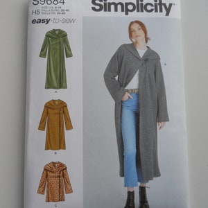 May include: Simplicity sewing pattern number S9684, easy-to-sew, for sizes US 6-14, Euro 32-40, and French 34-42. The pattern includes instructions for making a long, collared cardigan with a tie closure. The pattern shows three different versions of the cardigan: one in green, one in brown, and one in a leopard print.