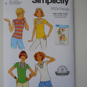 May include: Simplicity sewing pattern for 1970s vintage one-yard tops. The pattern includes four different top styles with short sleeves and a variety of necklines. The pattern is labeled "S9965" and includes instructions for sizes 6-16.