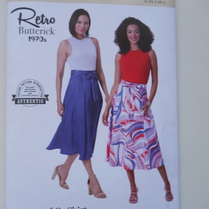 May include: Butterick Retro 1970s sewing pattern B6986 for a Wrap-and-Go skirt. The pattern features illustrations of two women wearing the skirt. The skirt is shown in blue and patterned fabric. The pattern is designed and printed in the USA.