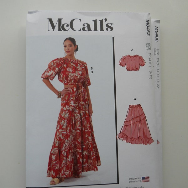 2024 Easy Peasant Crop Top & Tiered Skirt McCall's M8482 New Sewing Pattern, Asymmetric Skirt, Puff Elastic Sleeves, Modest Neckline, Maxi