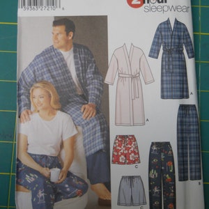 May include: A Simplicity 5314 sewing pattern envelope for 2 hour sleepwear. The cover features illustrations of robes, pajama pants, and shorts in various plaid, floral, and striped patterns, along with a photo of a person wearing a plaid robe.