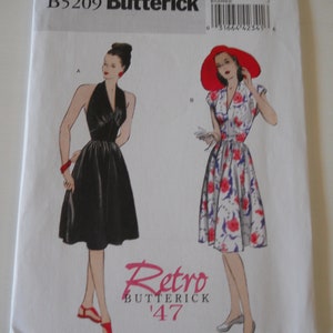 Easy Retro &#39;47 Reprinted Cocktail Dress Sun Dress Butterick B5209 AA (6-12) EE (14-20) Sewing Pattern for Misses Dress Halter or Cap Sleeve
