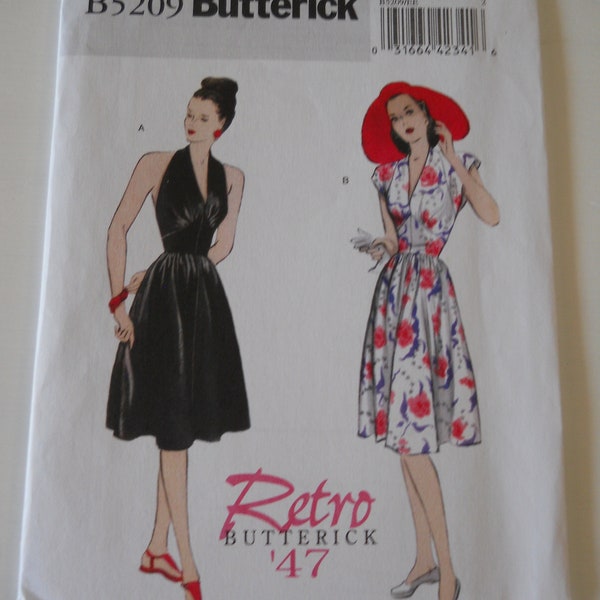 Easy Retro '47 Reprinted Cocktail Dress Sun Dress Butterick B5209 AA (6-12) EE (14-20) Sewing Pattern for Misses Dress Halter or Cap Sleeve