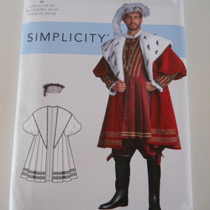 May include: Simplicity sewing pattern number 59096 for a costume. The pattern includes a red and gold tunic with a white fur collar and a matching hat. The pattern is for sizes US (44-52), Euro (54-62), and French (54-62).