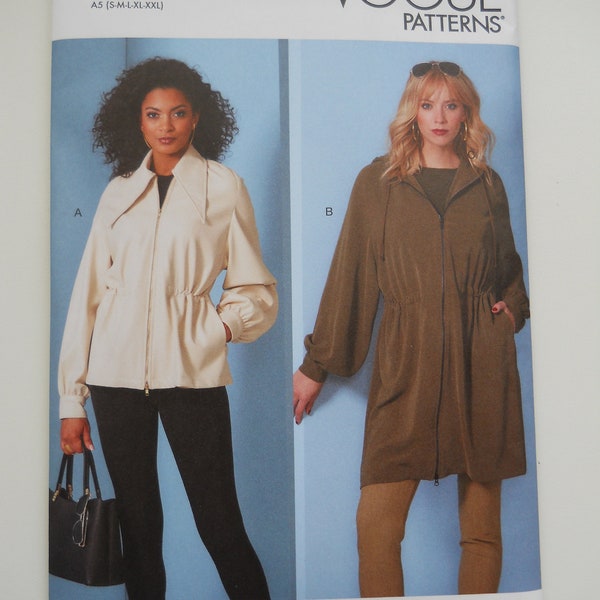 Very Loose Fitting, Unlined Jacket Vogue V1840 A5 (S-M-L-XL-XXL) New Sewing Pattern, Dual Separating Front Zipper, Drawstring, Button Cuffs