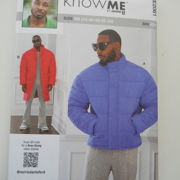 Men's Puffer Coat KnowME ME2061 AA (34-42) or BB (44-52) New Sewing Pattern, Norris Danta Ford Design, Sew-Along Video, Lined, Front Zipper