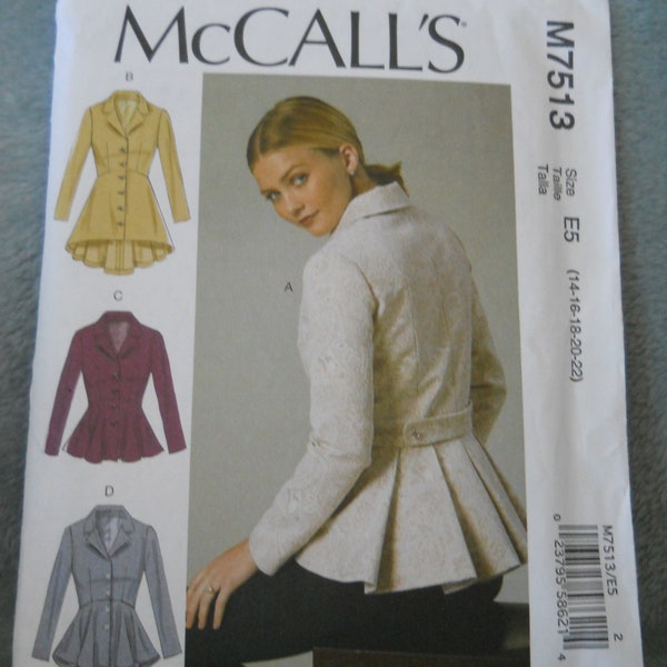 Cosplay or Every Day Coat McCall's M7513 Sewing Pattern Women's Fitted Princess Seam Jacket With Peplum  and High-Low Option, Pleated Back