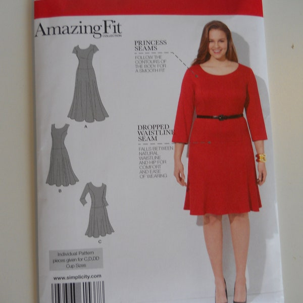 Amazing Fit Princess Seam Dress Simplicity 1537 AA (10-18) or BB (20W-28W) New Sewing Pattern Drop Waist, B, C, D Cup Size Pattern Pieces