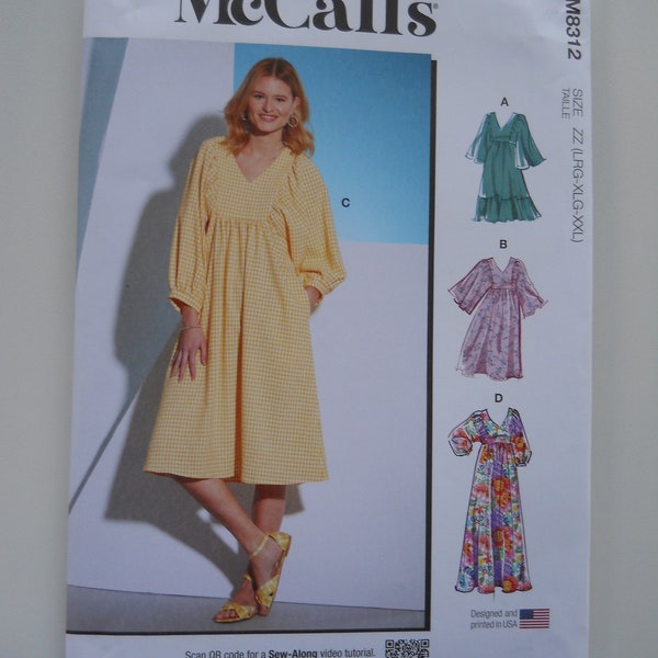2022 Peasant Dress McCall's M8312 Y(XS-S-M) or ZZ(L-Xl-Xxl) New Sewing Pattern, Bohemian Loose-Fitting Pullover Maxi, Wide Sleeve, Maternity