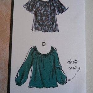 May include: Two illustrations of blouses with different neckline and sleeve styles. The top blouse has a floral print and a binding and gathering detail at the neckline. The bottom blouse is solid green with an elastic casing detail at the sleeve cuffs. The text "Designed and printed in USA" is below the illustrations.