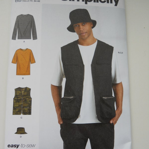 Men's Zippered Vest, Tee, Bucket Hat Simplicity S9651 AA (34-42) or BB (44-52) New Sewing Pattern, Loose Fitting Cargo Vest, Hat in 3 Sizes