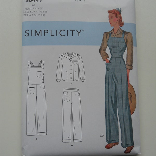 1940's Reprint Overalls; Shirt; Pants Simplicity S8447 H5 (6-14) or U5 (16-24) New Sewing Pattern for Vintage Style Coveralls; Yes We Can