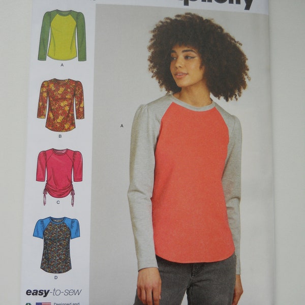 Easy Knit Baseball Style Top Simplicity S9645 A (XS-XXL) New Sewing Pattern, Puff Sleeve Tee Shirt, Feminine Athletic, Side Drawstring, Plus