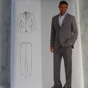 May include: A Simplicity sewing pattern for a suit, size US 44-62, with a jacket and pants. The pattern includes instructions for sewing a two-button jacket and flat-front pants. The pattern is illustrated with a drawing of the suit and a photo of a model wearing the suit.