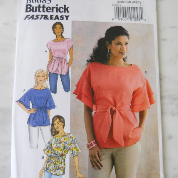 Fast & Easy Tops Butterick B6685 Y (Xsm - Med) OR Plus ZZ (Lrg - Xxl) Sewing Pattern for Tunic Blouse with Tie Waist and Flutter Sleeves