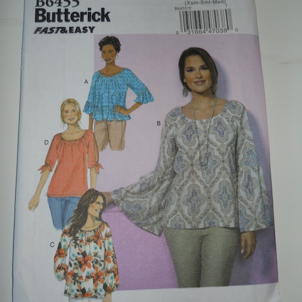 Fast & Easy Peasant Blouse New Sewing Pattern Butterick B6455 Y (Xsm-Sml-Med) OR ZZ(Lrg-Xlg-Xxl) Loose Fitting Bohemian Style Top