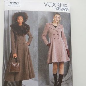 Elegant Dressy, Lined Coat Vogue V1971 H5 (6-14) or R5 (14-22) New Sewing Pattern, Double Breasted, Notched Collar, Faux Fur, Princess Seam